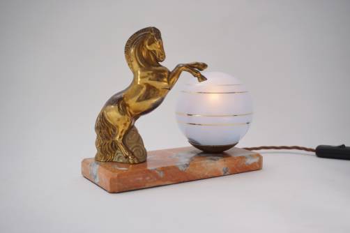 Art Deco horse lamp, glass globe & marble, 1930`s ca, French